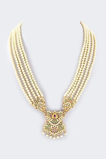 Gold Finish Red & White Stone Necklace