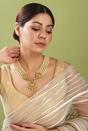 Gold Finish Red & White Stone Necklace