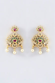 Gold Finish Red & Green Stone Dangler Earrings