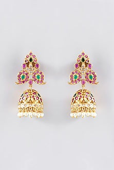 Gold Finish Red & Green Stone Jhumka Earrings