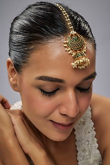 Gold Finish Green Kemp Stone & Pearl Temple Chandbali Bora Style Maangtikka