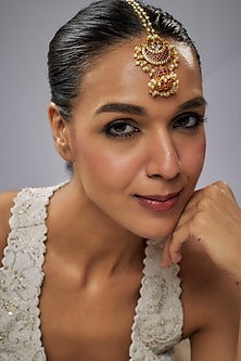 Gold Finish Pink Kemp Stone & Pearl Temple Chandbali Bora Style Maangtikka