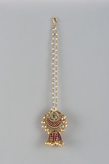 Gold Finish Pink Kemp Stone & Pearl Temple Chandbali Bora Style Maangtikka