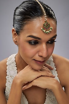 Gold Finish Pink Kemp Stone & Pearl Temple Maangtikka