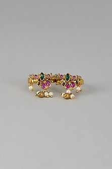 Gold Finish Pink Kemp Stone & Pearl Temple Double Finger Ring