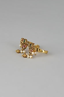 Gold Finish Pink Kemp Stone & Pearl Temple Double Finger Ring