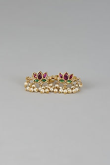 Gold Finish Pink Kemp Stone & Pearl Temple Double Finger Lotus Ring