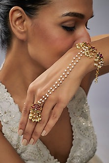 Gold Finish Pink Kemp Stone & Pearl Temple Handharness