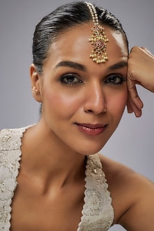 Gold Finish Pink Kemp Stone & Pearl Temple Lotus Maangtikka