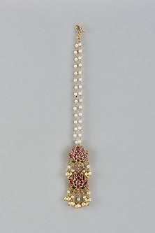 Gold Finish Pink Kemp Stone & Pearl Temple Lotus Maangtikka