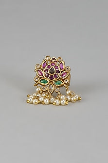 Gold Finish Pink Kemp Stone & Pearl Temple Lotus Ring