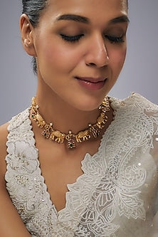 Gold Finish Pink Kemp Stone & Kundan Polki Temple Necklace