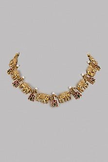 Gold Finish Pink Kemp Stone & Kundan Polki Temple Necklace
