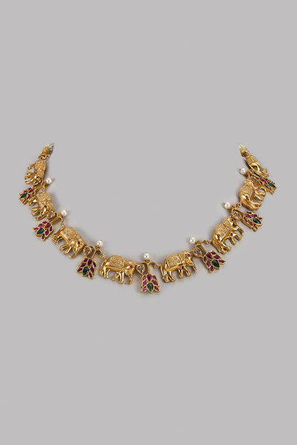 Gold Finish Pink Kemp Stone & Kundan Polki Temple Necklace
