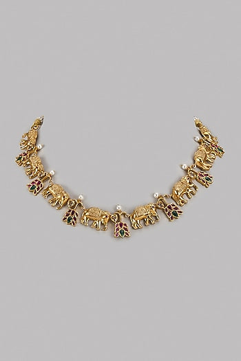 Gold Finish Pink Kemp Stone & Kundan Polki Temple Necklace