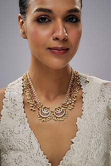 Gold Finish Pink Kemp Stone & Kundan Polki Temple Necklace