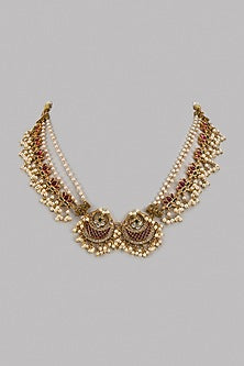 Gold Finish Pink Kemp Stone & Kundan Polki Temple Necklace