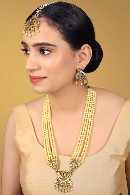 Gold Finish Kundan Polki & Pearl String Necklace Set