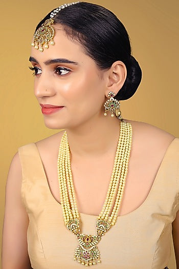 Gold Finish Kundan Polki & Pearl String Necklace Set