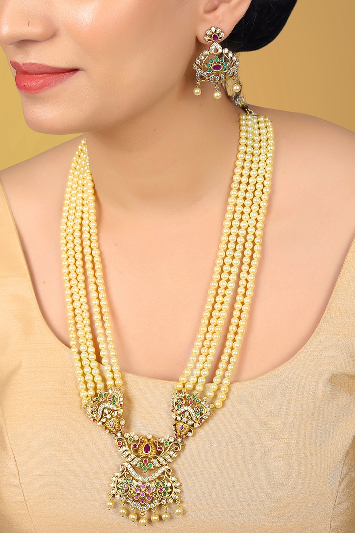 Gold Finish Kundan Polki & Multi-Colored Stone Necklace Set