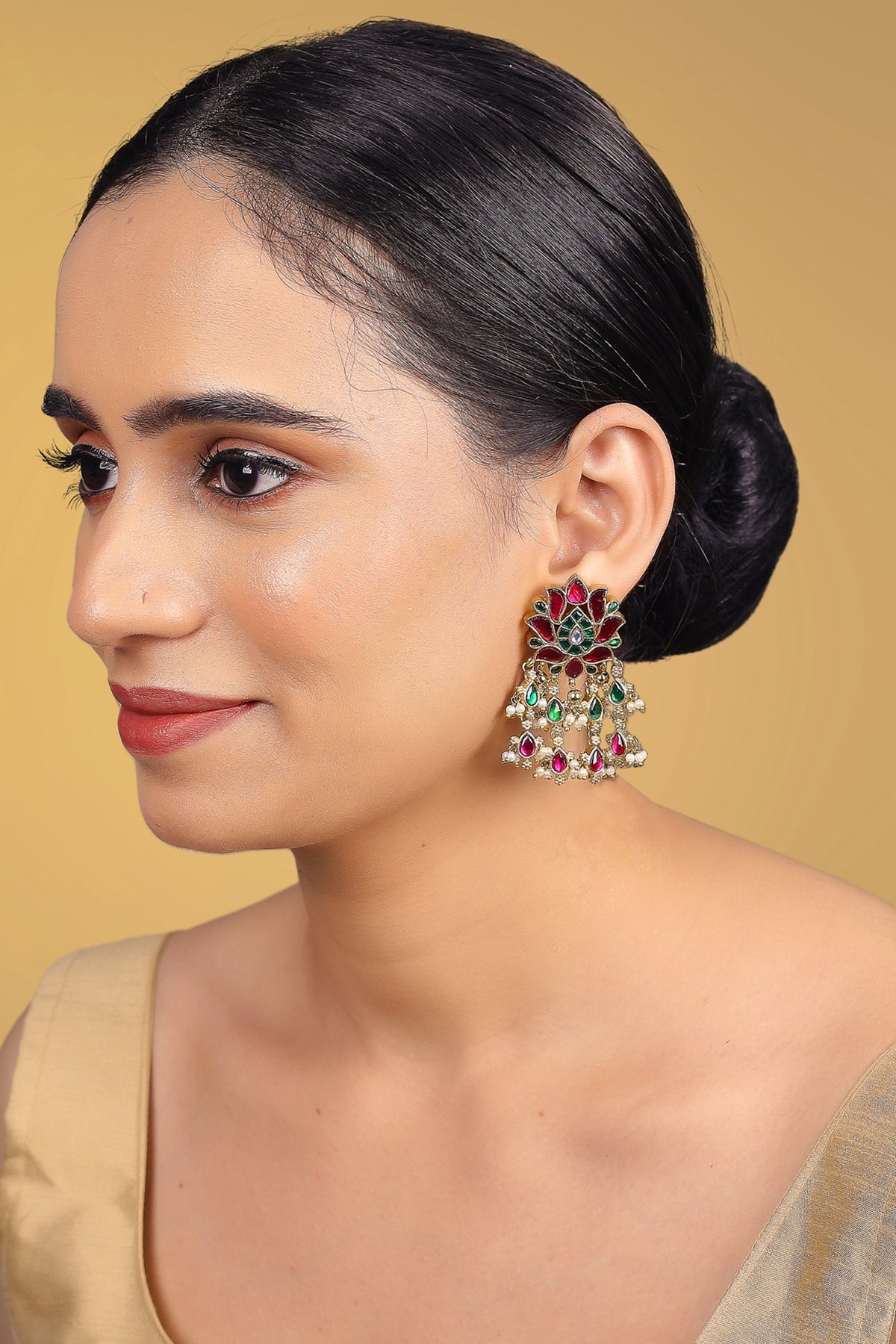 Gold Finish Kundan Polki & Green Stone Jhumka Earrings