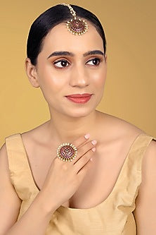 Gold Finish Kundan Polki & Kemp Stone Maangtikka Set