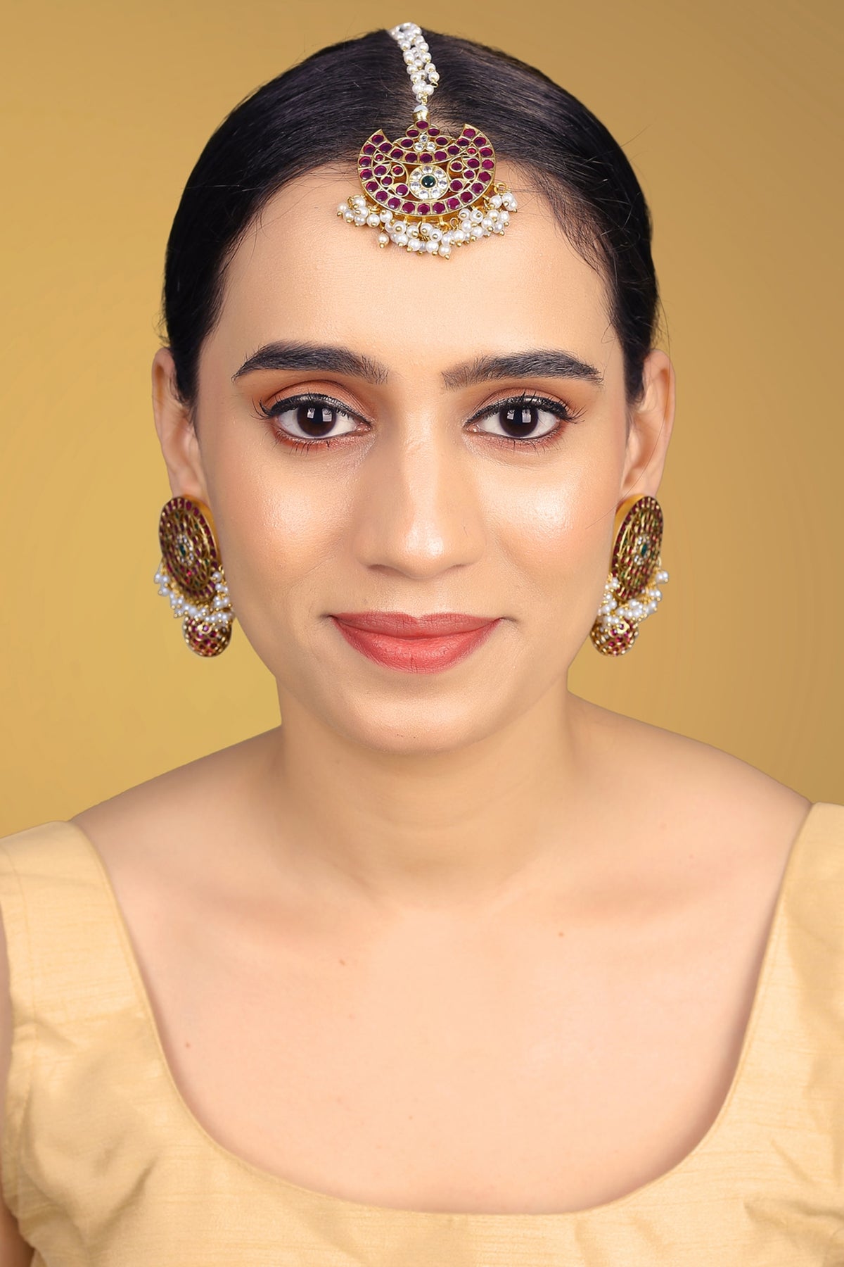 Gold Finish Kundan Polki & Kemp Stone Stud Earrings Set