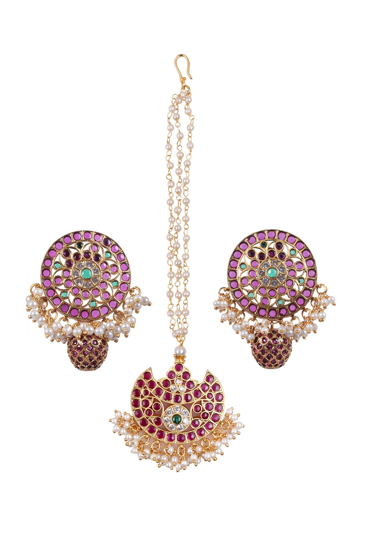 Gold Finish Kundan Polki & Kemp Stone Stud Earrings Set
