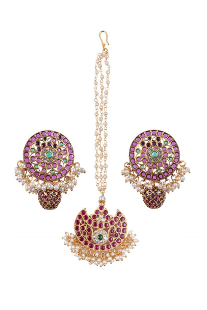 Gold Finish Kundan Polki & Kemp Stone Stud Earrings Set
