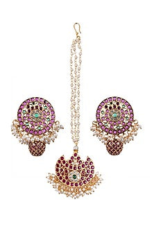 Gold Finish Kundan Polki & Kemp Stone Stud Earrings Set