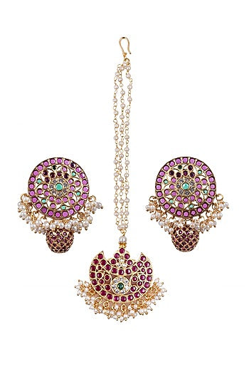 Gold Finish Kundan Polki & Kemp Stone Stud Earrings Set