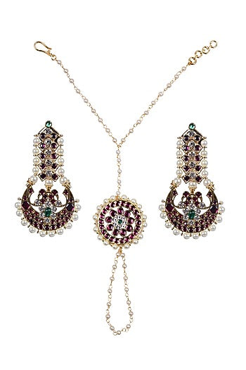 Gold Finish Kundan Polki & Kemp Stone Dangler Earrings Set