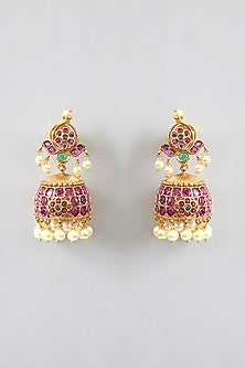 Gold Finish Kemp Stone & Pearl Drop Temple Jhumka Earrings