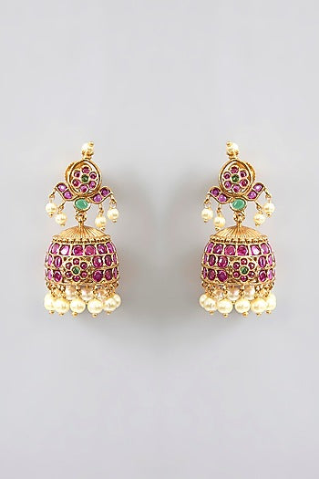 Gold Finish Kemp Stone & Pearl Drop Temple Jhumka Earrings