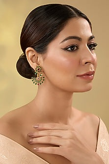 Gold Finish Green Kemp Stone Temple Dangler Earrings