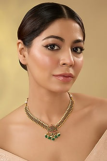 Gold Finish Kemp Stone & Green Bead Drop Temple Necklace