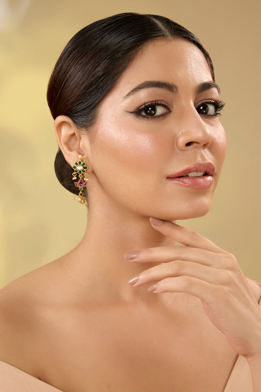 Gold Finish Green Kemp Stone & Pearl Drop Temple Dangler Earrings