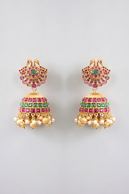 Gold Finish Kemp Stone & Pearl Drop Temple Jhumka Earrings