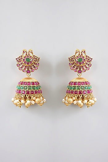Gold Finish Kemp Stone & Pearl Drop Temple Jhumka Earrings