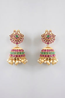 Gold Finish Kemp Stone & Pearl Drop Temple Jhumka Earrings