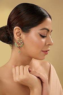 Gold Finish Pink & Green Kemp Stone Temple Dangler Earrings