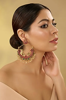 Gold Finish Kemp Stone Temple Chandbali Earrings