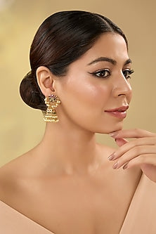 Gold Finish Pink & Green Kemp Stone Temple Dangler Earrings