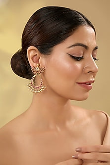 Gold Finish Pink & Green Kemp Stone Temple Chandbali Earrings