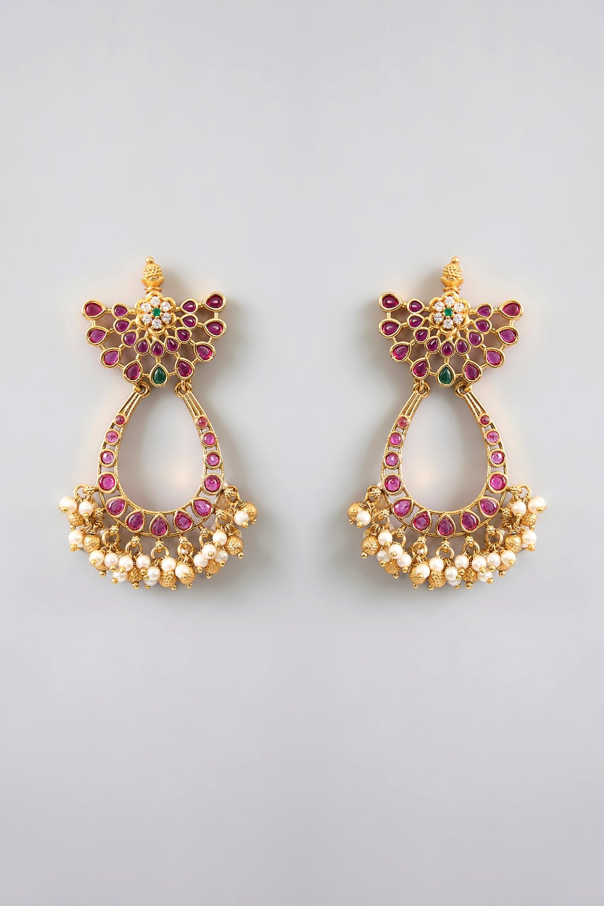 Gold Finish Pink & Green Kemp Stone Temple Chandbali Earrings