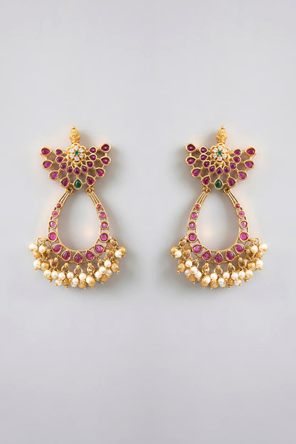 Gold Finish Pink & Green Kemp Stone Temple Chandbali Earrings