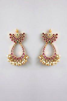 Gold Finish Pink & Green Kemp Stone Temple Chandbali Earrings