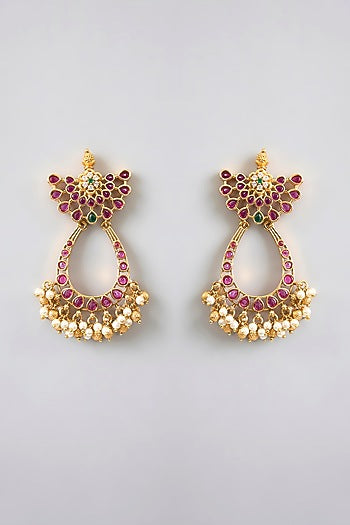 Gold Finish Pink & Green Kemp Stone Temple Chandbali Earrings