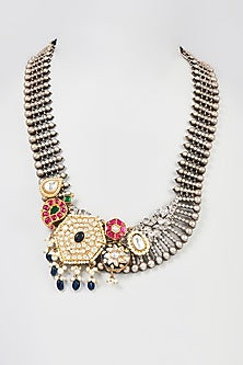 Two Tone Finish Red Stone & Kundan Polki Long Necklace