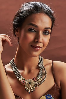 Two Tone Finish Red Stone & Kundan Polki Long Necklace